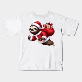 Festive Sloth Santa Christmas Xmas Holiday Funny Kids T-Shirt